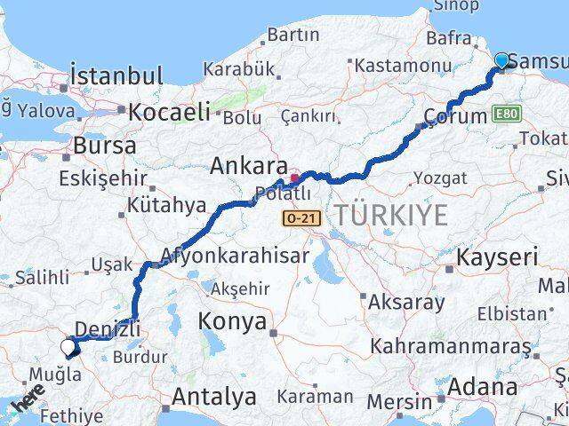 Samsun Tavas Denizli Arası Kaç Km - Yol Haritası