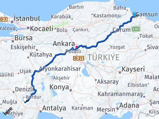Samsun Tefenni Burdur Arası Kaç Km - Yol Haritası