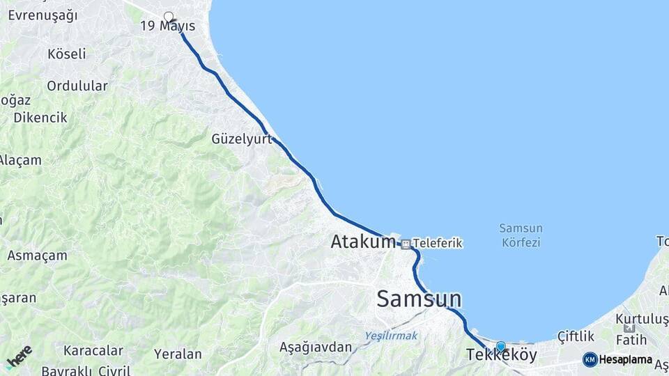 Samsun Tekkeköy 19 Mayıs Arası Kaç Km - Yol Haritası