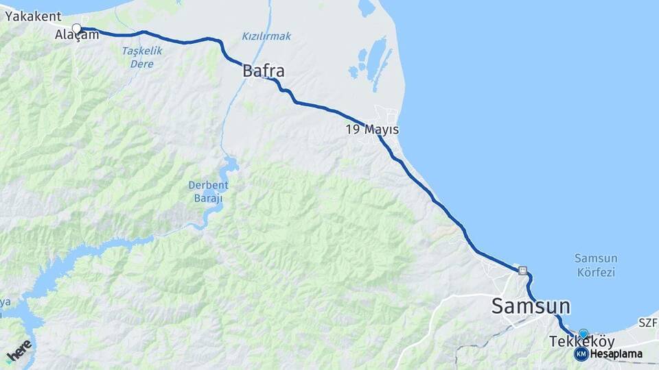 Samsun Tekkeköy Alaçam Arası Kaç Km - Yol Haritası