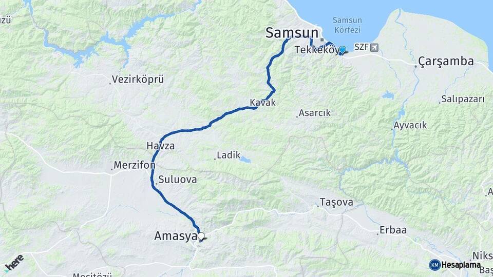 Samsun Tekkeköy Amasya Arası Kaç Km - Yol Haritası
