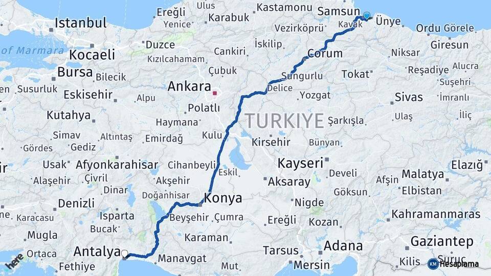 Samsun Tekkeköy Antalya Arası Kaç Km - Yol Haritası