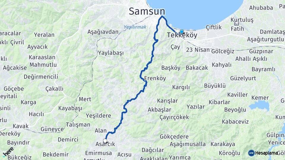 Samsun Tekkeköy Asarcık Arası Kaç Km - Yol Haritası