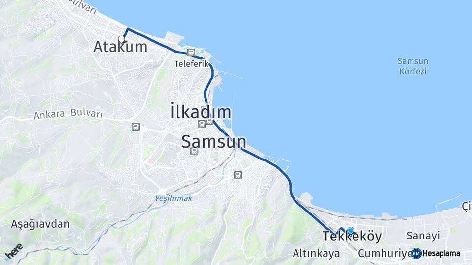 Samsun Tekkeköy Atakum Arası Kaç Km - Yol Haritası