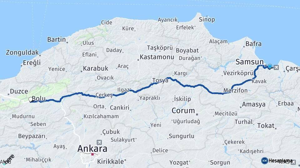 Samsun Tekkeköy Bolu Arası Kaç Km - Yol Haritası