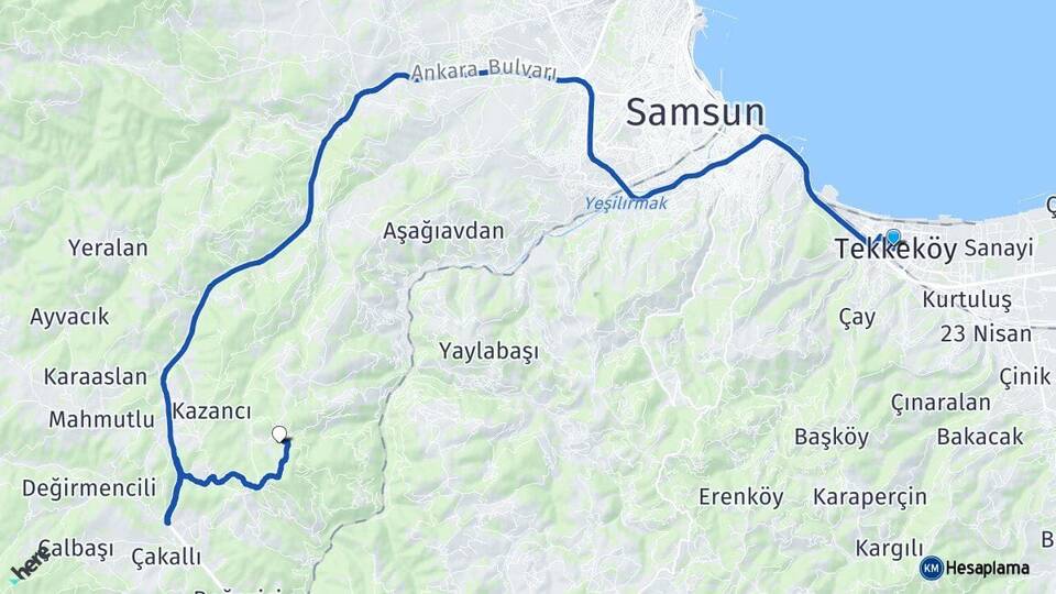 Samsun Tekkeköy Canik Arası Kaç Km - Yol Haritası