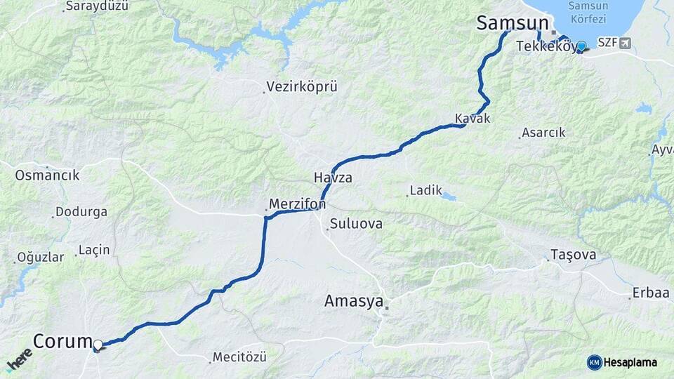 Samsun Tekkeköy Çorum Arası Kaç Km - Yol Haritası