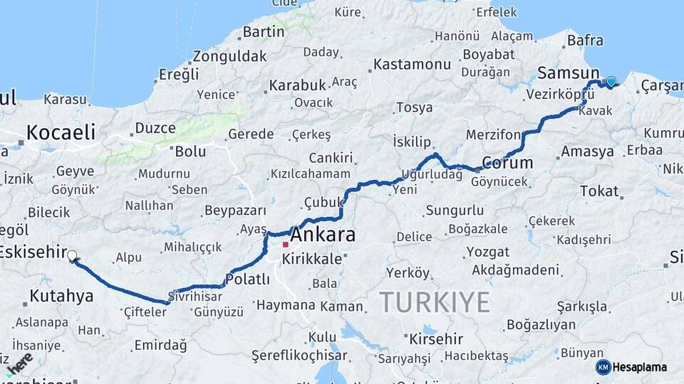 Samsun Tekkeköy Eskişehir Arası Kaç Km - Yol Haritası