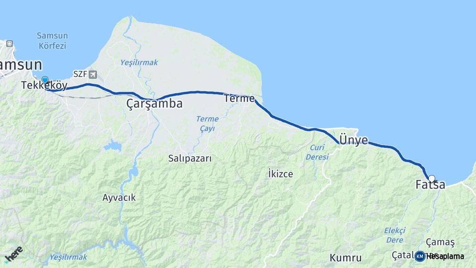 Samsun Tekkeköy Fatsa Ordu Arası Kaç Km - Yol Haritası
