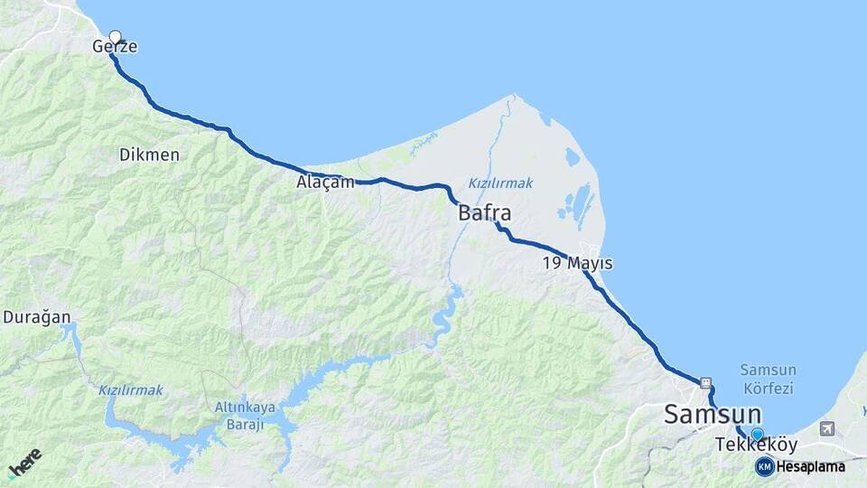 Samsun Tekkeköy Gerze Sinop Arası Kaç Km - Yol Haritası