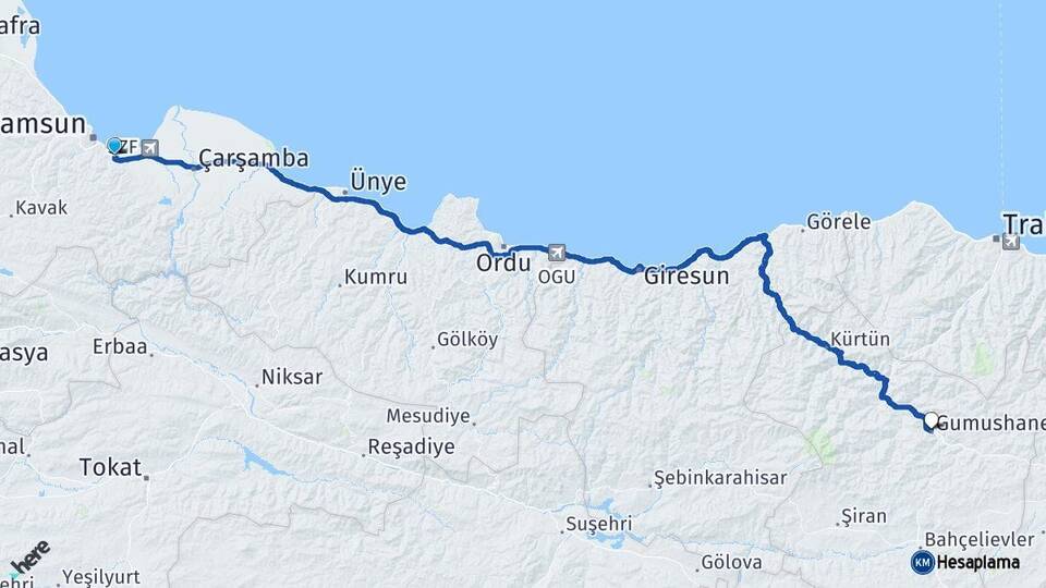 Samsun Tekkeköy Gümüşhane Arası Kaç Km - Yol Haritası