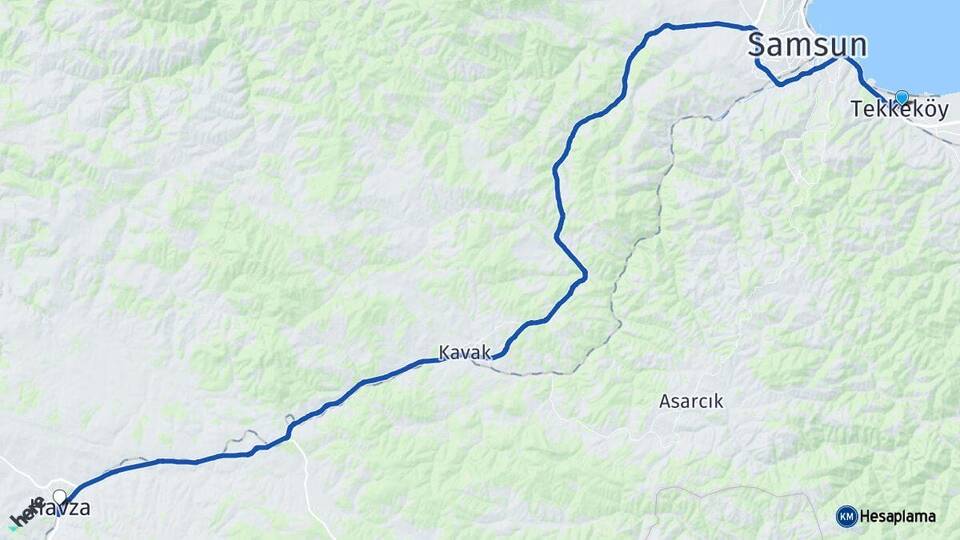 Samsun Tekkeköy Havza Arası Kaç Km - Yol Haritası