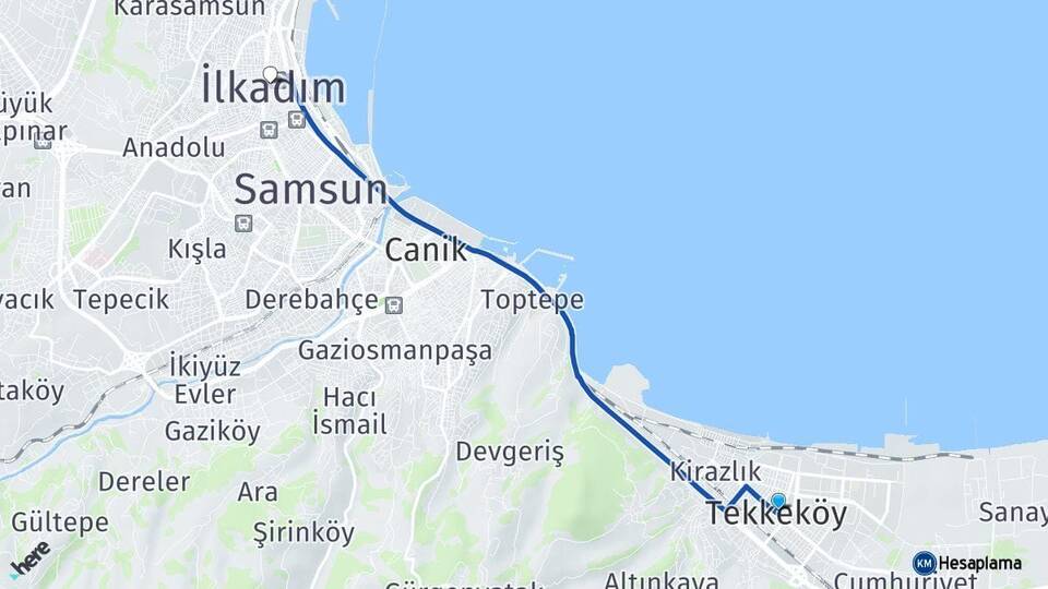 Samsun Tekkeköy İlkadım Arası Kaç Km - Yol Haritası