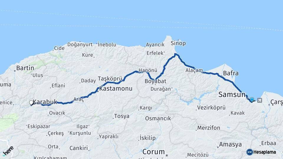 Samsun Tekkeköy Karabük Arası Kaç Km - Yol Haritası