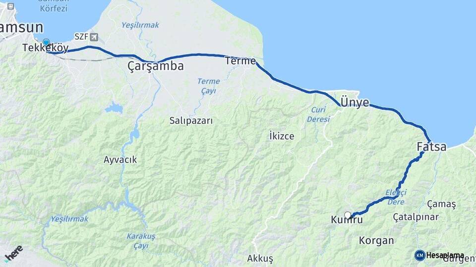 Samsun Tekkeköy Kumru Ordu Arası Kaç Km - Yol Haritası