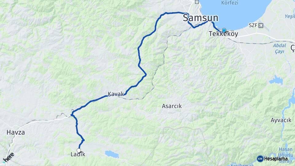 Samsun Tekkeköy Ladik Arası Kaç Km - Yol Haritası