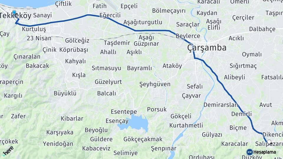 Samsun Tekkeköy Salıpazarı Arası Kaç Km - Yol Haritası