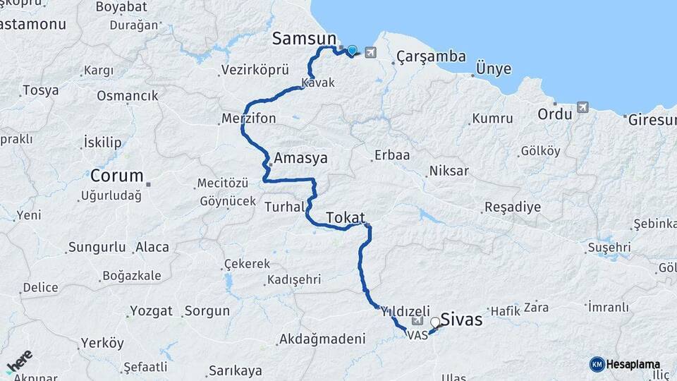 Samsun Tekkeköy Sivas Arası Kaç Km - Yol Haritası