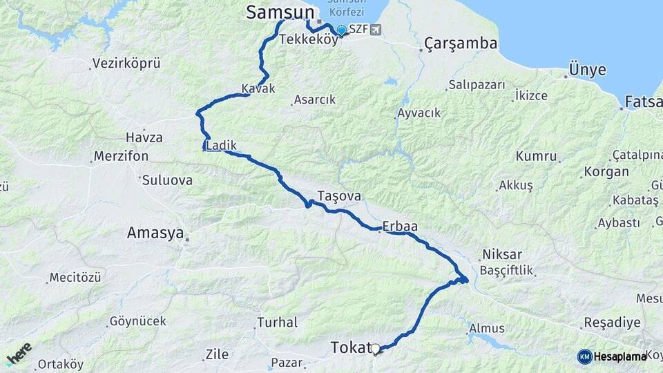 Samsun Tekkeköy Tokat Arası Kaç Km - Yol Haritası