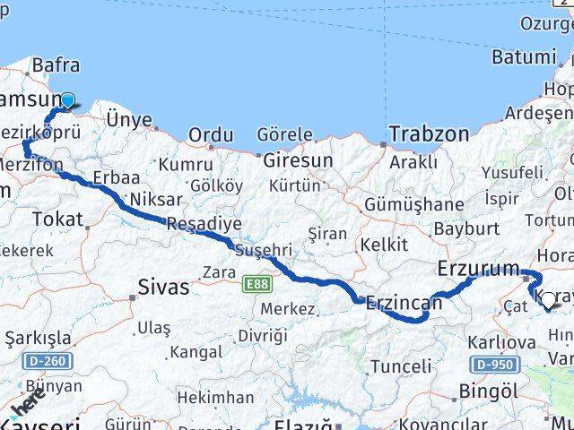 Samsun Tekman Erzurum Arası Kaç Km - Yol Haritası