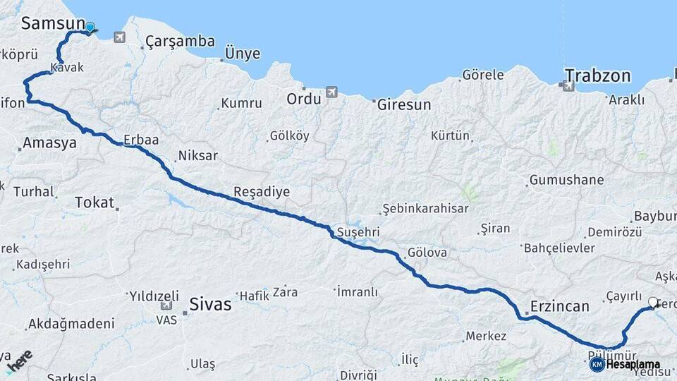 Samsun Tercan Erzincan Arası Kaç Km - Yol Haritası