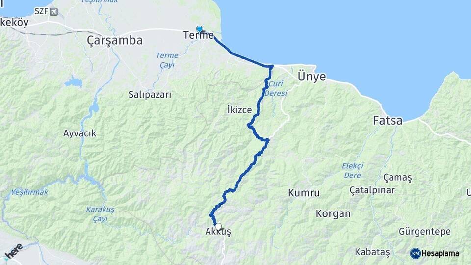 Samsun Terme Akkuş Ordu Arası Kaç Km - Yol Haritası
