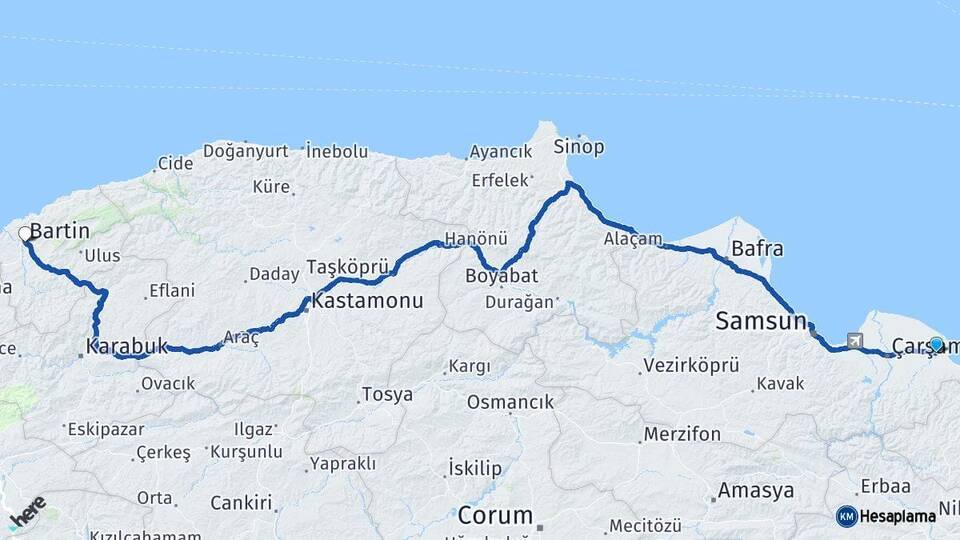 Samsun Terme Bartın Arası Kaç Km - Yol Haritası
