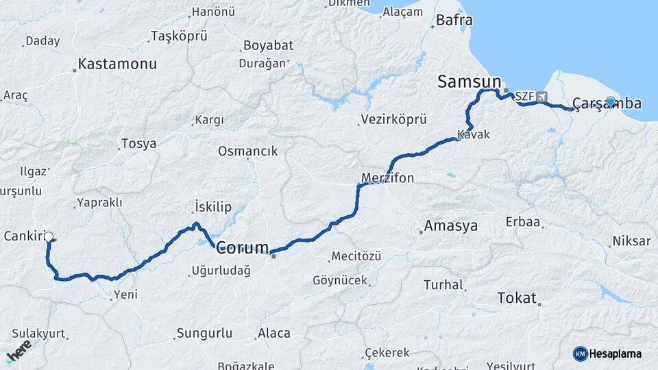 Samsun Terme Çankırı Arası Kaç Km - Yol Haritası