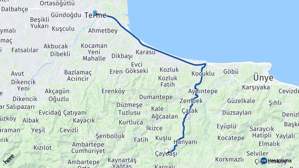 Samsun Terme Çaybaşı Ordu Arası Kaç Km - Yol Haritası