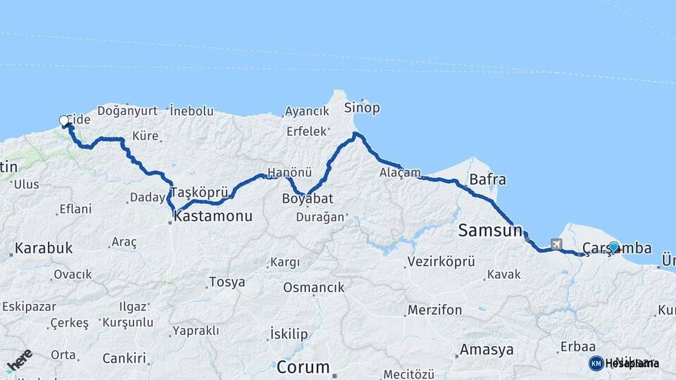 Samsun Terme Cide Kastamonu Arası Kaç Km - Yol Haritası