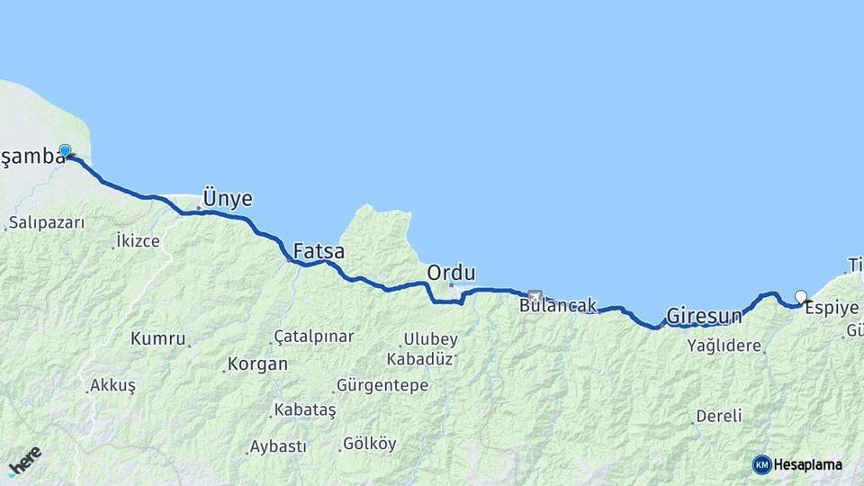 Samsun Terme Espiye Giresun Arası Kaç Km - Yol Haritası