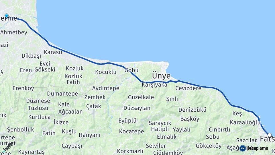 Samsun Terme Fatsa Ordu Arası Kaç Km - Yol Haritası