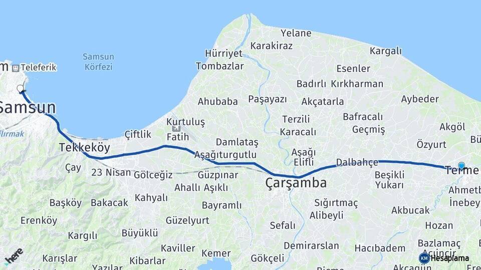 Samsun Terme İlkadım Arası Kaç Km - Yol Haritası