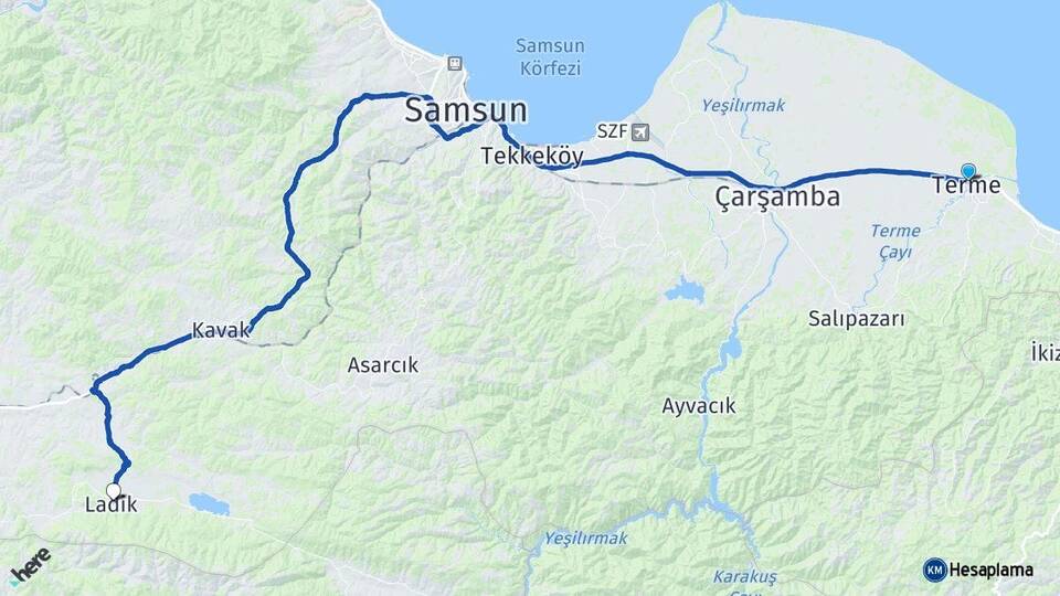 Samsun Terme Ladik Arası Kaç Km - Yol Haritası