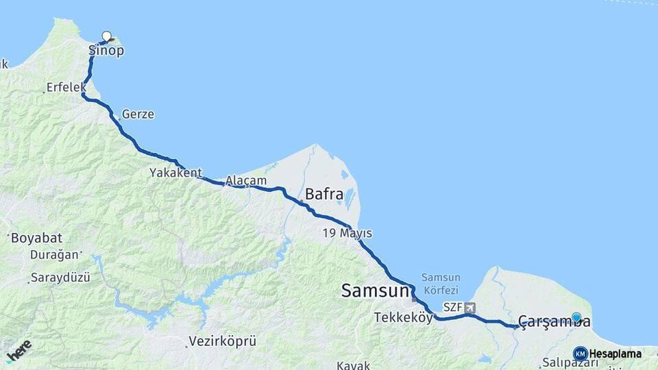 Samsun Terme Sinop Arası Kaç Km - Yol Haritası