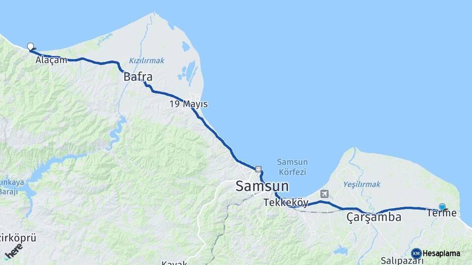 Samsun Terme Yakakent Arası Kaç Km - Yol Haritası