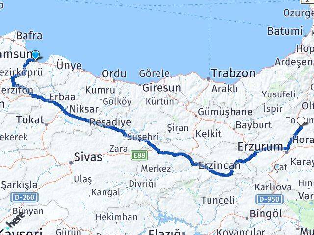Samsun Tortum Erzurum Arası Kaç Km - Yol Haritası