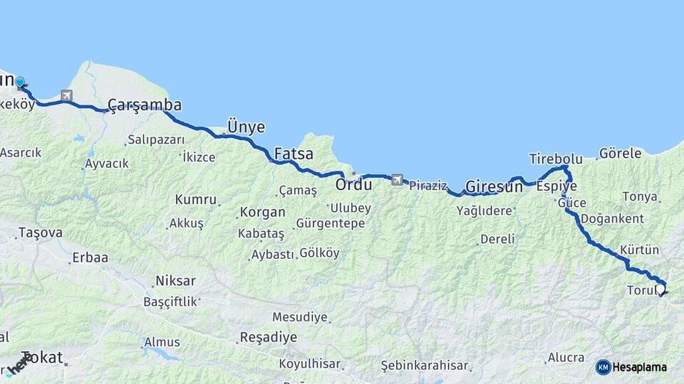 Samsun Torul Gümüşhane Arası Kaç Km - Yol Haritası