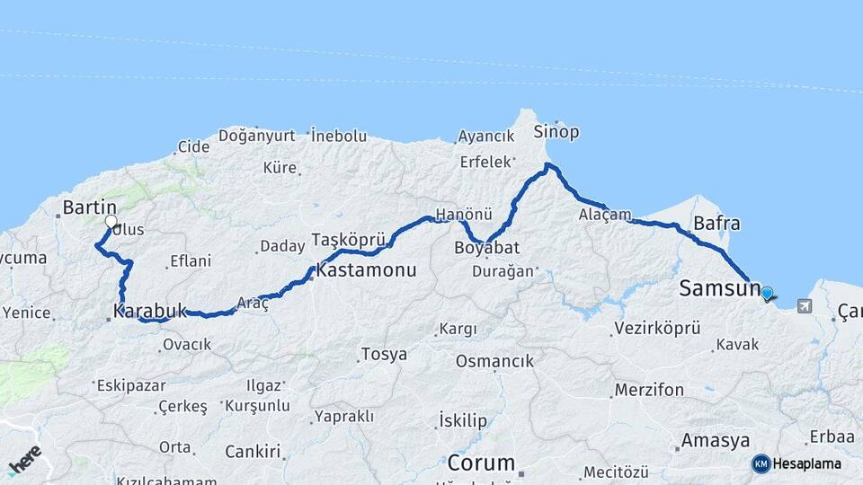 Samsun Ulus Bartın Arası Kaç Km - Yol Haritası