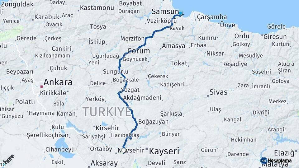 Samsun Ürgüp Nevşehir Arası Kaç Km - Yol Haritası