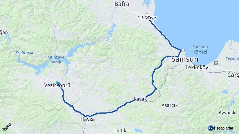 Samsun Vezirköprü 19 Mayıs Arası Kaç Km - Yol Haritası