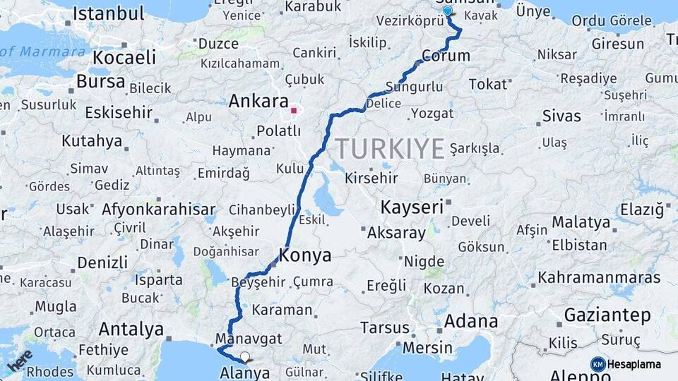 Samsun Vezirköprü Alanya Antalya Arası Kaç Km - Yol Haritası
