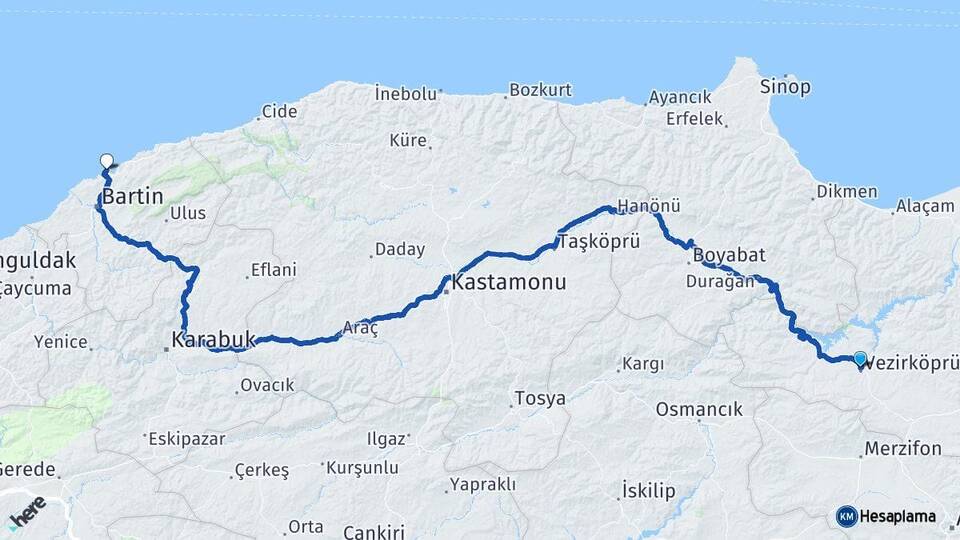 Samsun Vezirköprü Amasra Bartın Arası Kaç Km - Yol Haritası