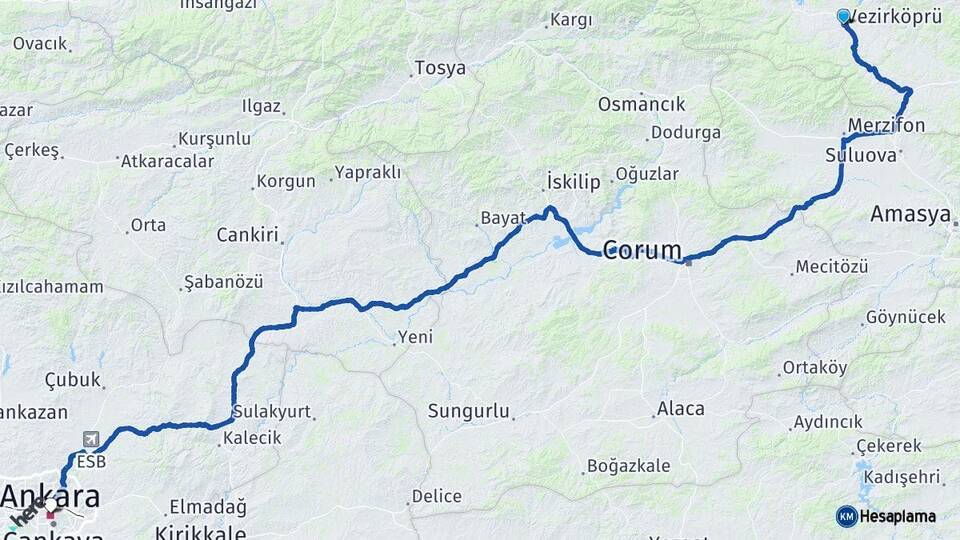 Samsun Vezirköprü Ankara Arası Kaç Km - Yol Haritası