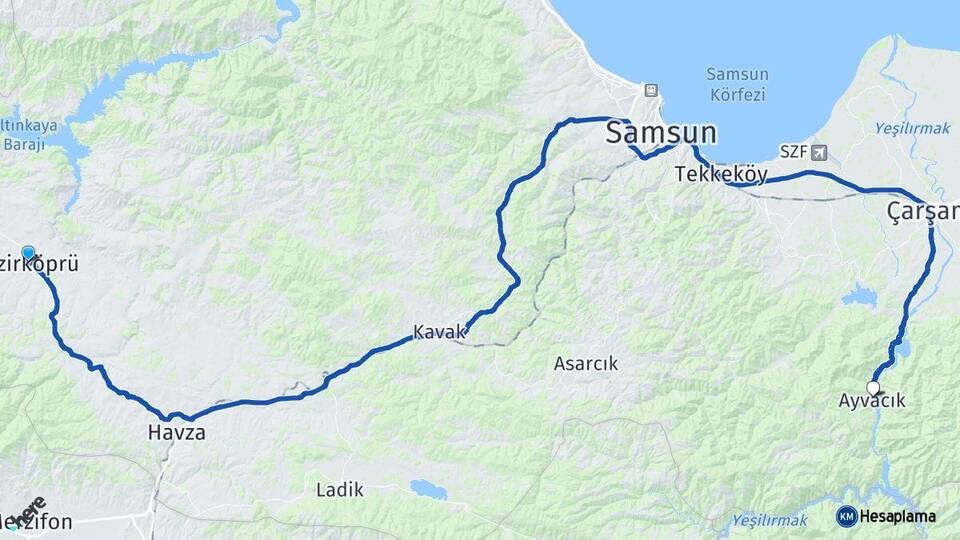 Samsun Vezirköprü Ayvacık Arası Kaç Km - Yol Haritası