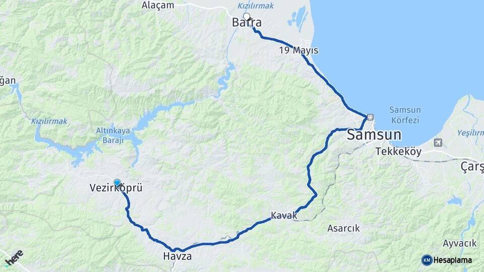 Samsun Vezirköprü Bafra Arası Kaç Km - Yol Haritası