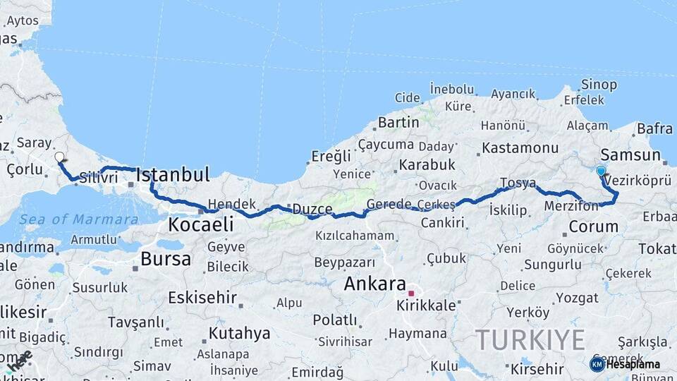 Samsun Vezirköprü Çerkezköy Tekirdağ Arası Kaç Km - Yol Haritası