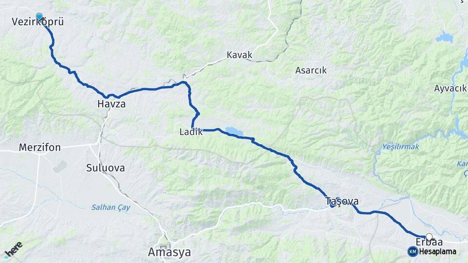 Samsun Vezirköprü Erbaa Tokat Arası Kaç Km - Yol Haritası