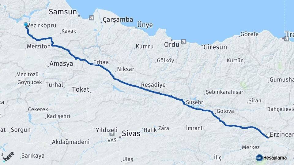 Samsun Vezirköprü Erzincan Arası Kaç Km - Yol Haritası