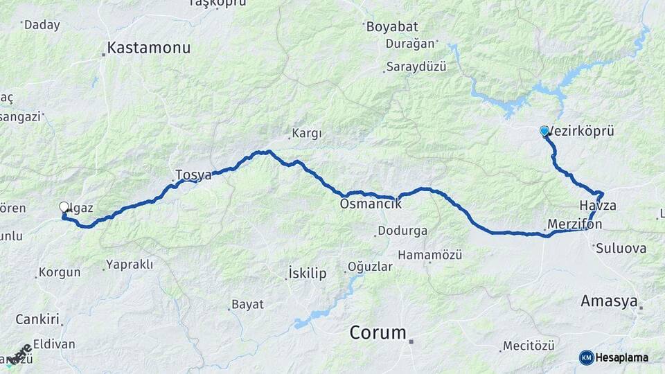 Samsun Vezirköprü Ilgaz Çankırı Arası Kaç Km - Yol Haritası